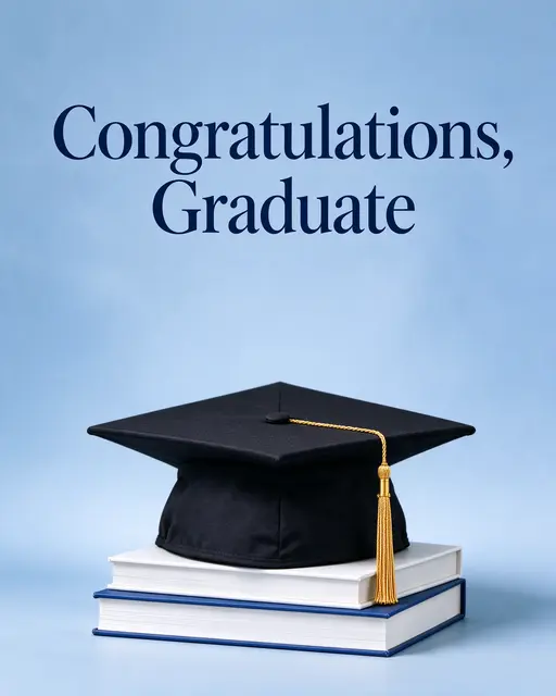 Graduation cap with gold tassel rests on stacked books below the text "Congratulations, Graduate" on a soft blue background