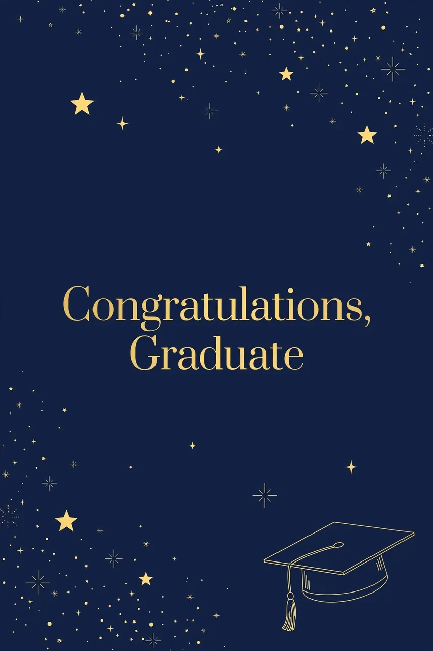 Navy background with gold serif text reading "Congratulations, Graduate", gold star accents and a line-art graduation cap in