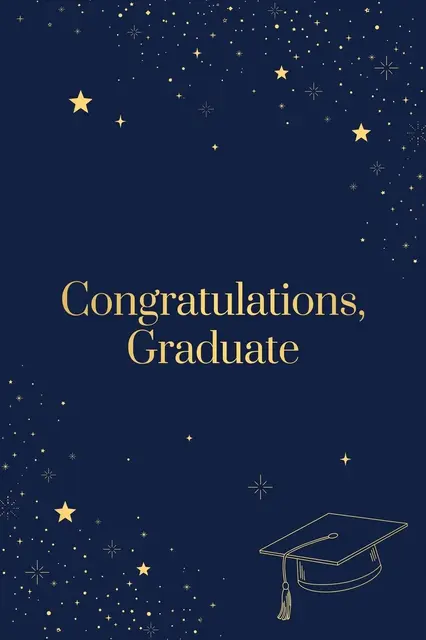 Navy background with gold serif text reading "Congratulations, Graduate", gold star accents and a line-art graduation cap in