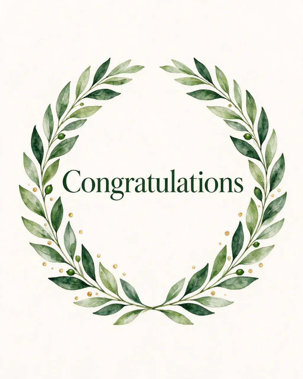 Watercolor green laurel wreath with gold dots frames centered dark green text that reads "Congratulations"