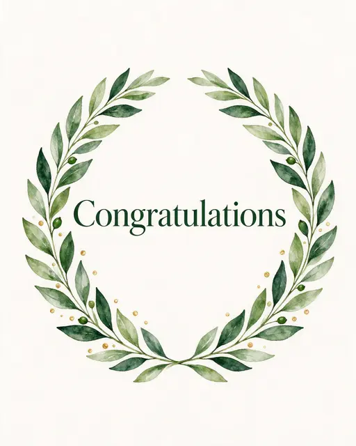 Watercolor green laurel wreath with gold dots frames centered dark green text that reads "Congratulations"