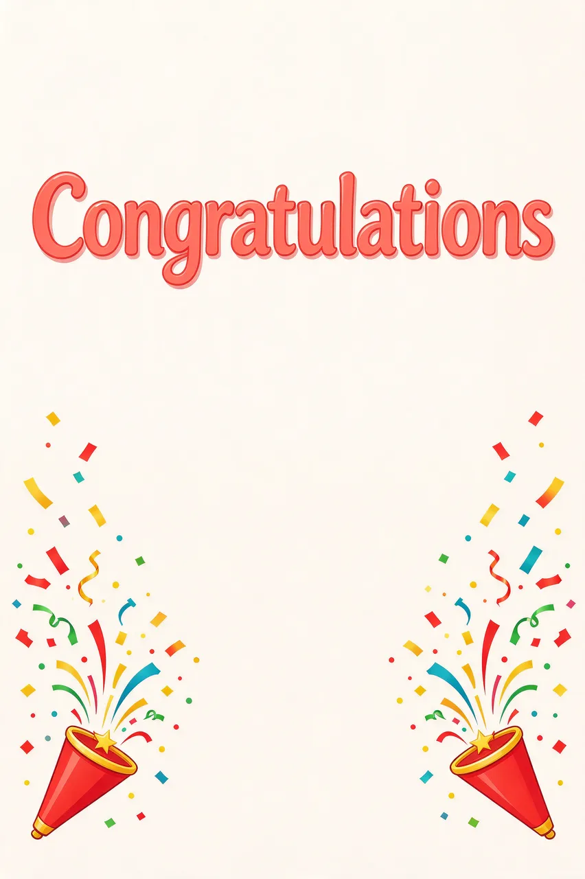 Centered bold coral "Congratulations" text above bursting party poppers on a cream background