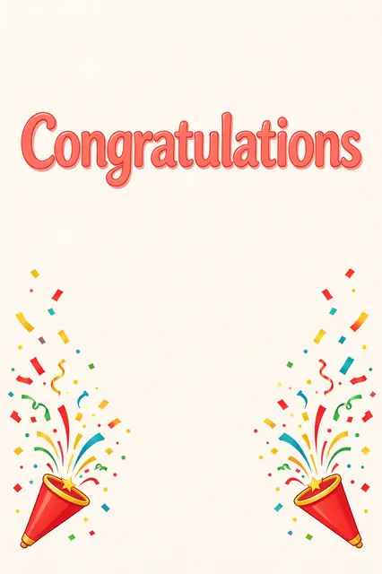 Centered bold coral "Congratulations" text above bursting party poppers on a cream background