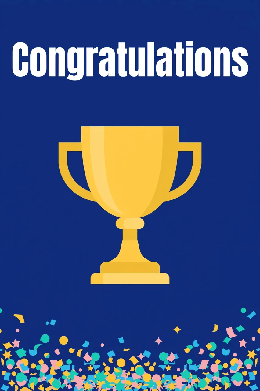 Bold "Congratulations" text above a gold trophy cup with confetti on a deep blue background