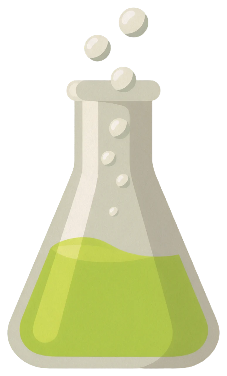 Flat illustration of a glass conical lab flask half full of bright lime green liquid with rising bubbles