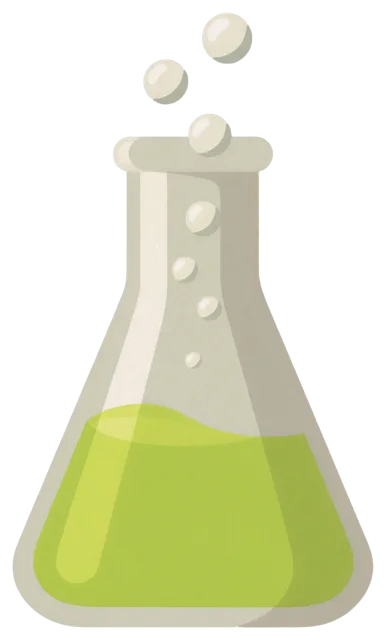 Flat illustration of a glass conical lab flask half full of bright lime green liquid with rising bubbles