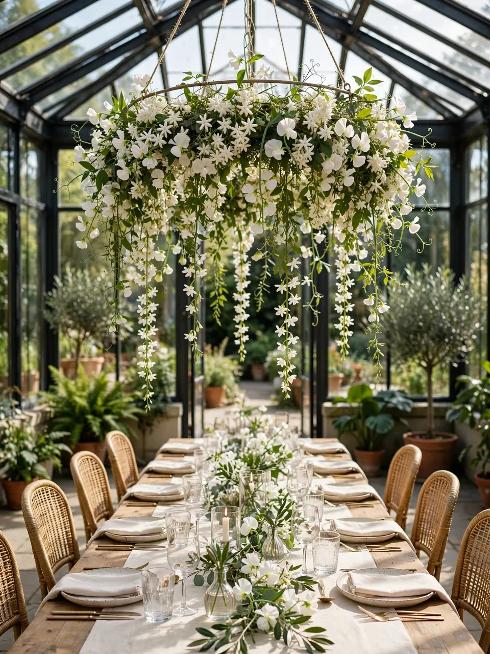 Floral jasmine chandelier hangs above a set long wedding table in a sunlit glass conservatory