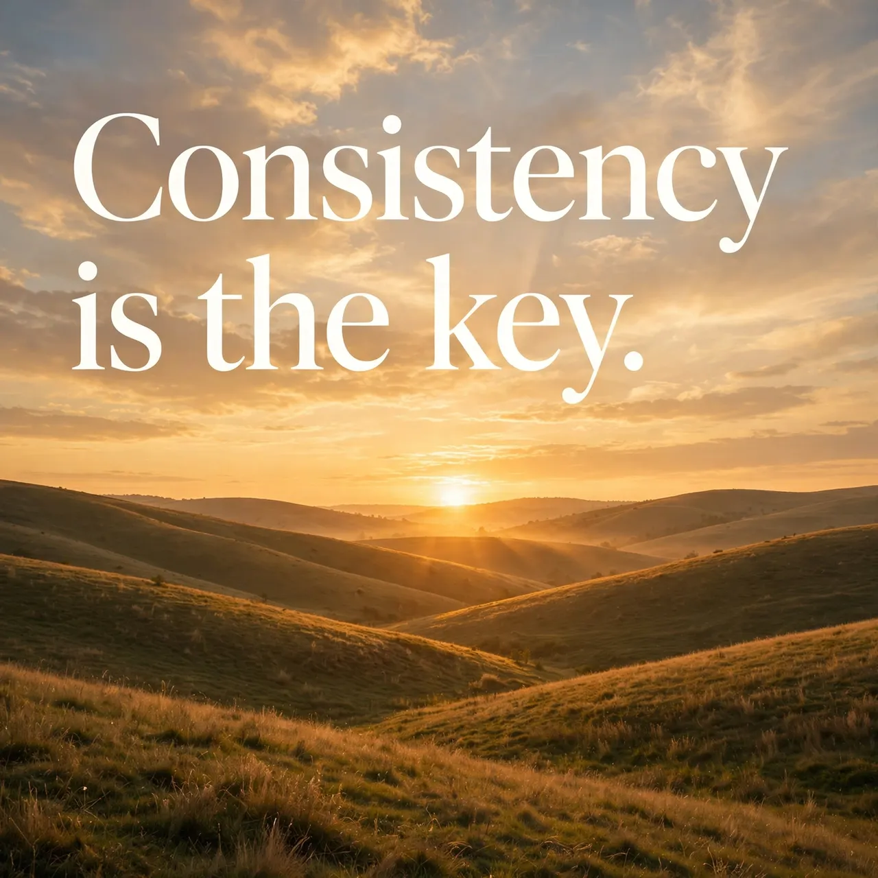 Warm golden sunrise over rolling grassy hills, with serif text reading "Consistency is the key." in the sky.