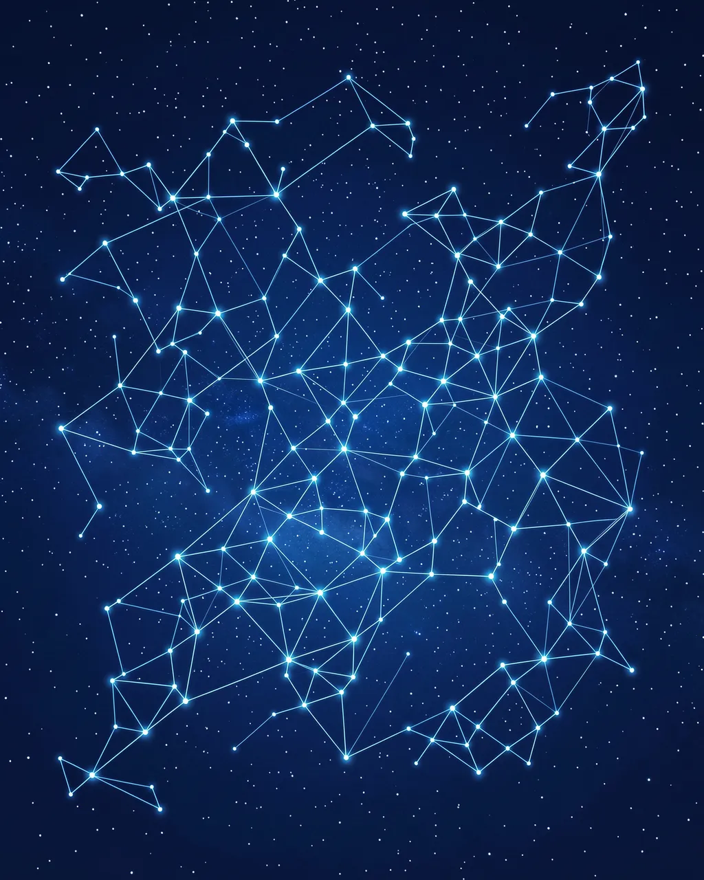 Glowing interconnected nodes form a web-like neural network across a deep starry night sky