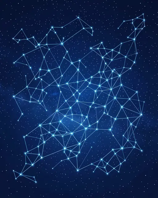 Glowing interconnected nodes form a web-like neural network across a deep starry night sky