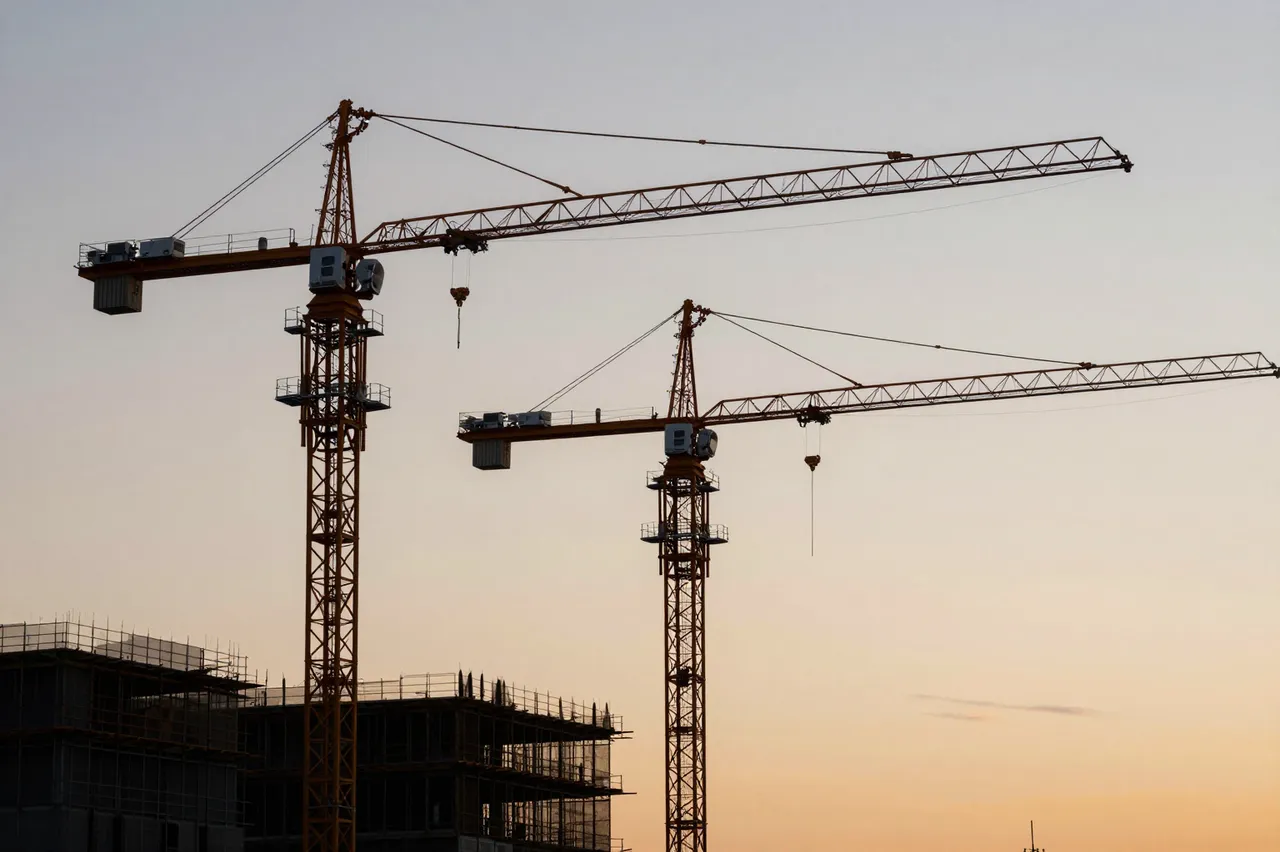 Two tower cranes and an under-construction building stand silhouetted against a warm gradient sunset sky
