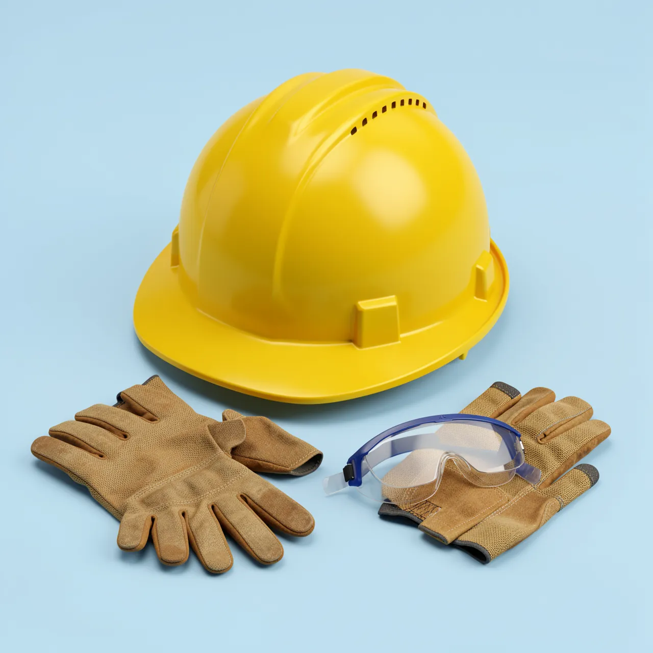 Yellow hard hat, work gloves and safety goggles arranged on a pale blue background