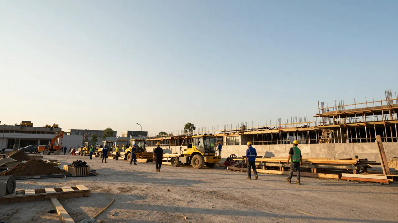 A busy active construction site bathed in warm golden evening light with workers and heavy equipment