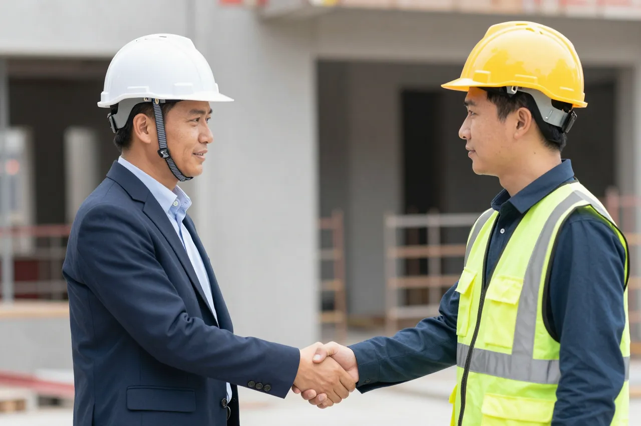 Two men in plain hard hats shake hands while facing each other at a construction site