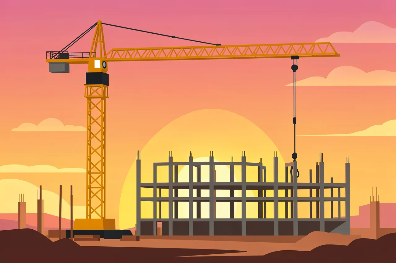 Flat vector illustration of a construction site with yellow tower crane and half-built building frame at sunrise, no people