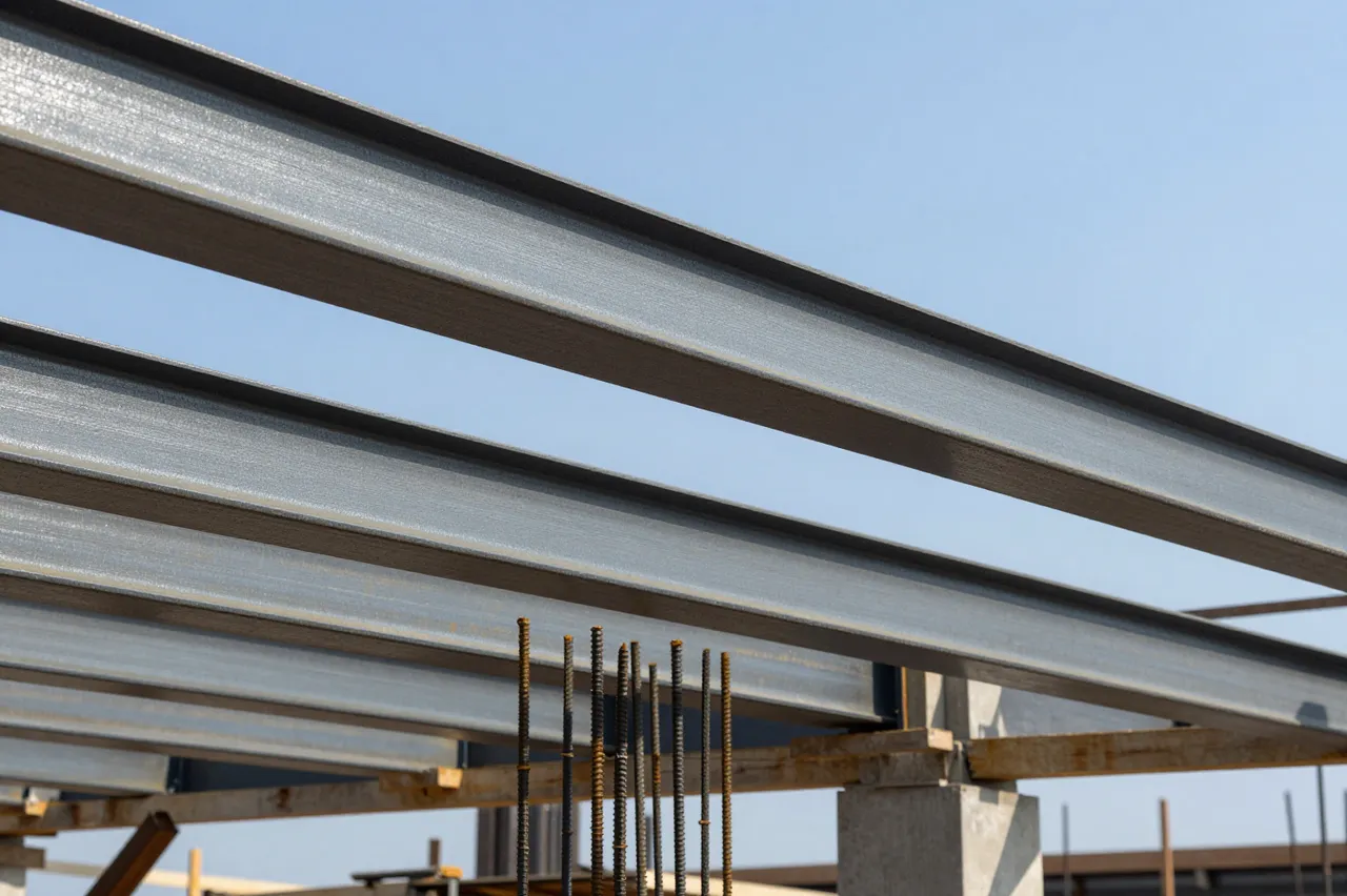 Galvanized steel support beams and rusted rebar rise above concrete pillars at a construction site under a clear pale blue