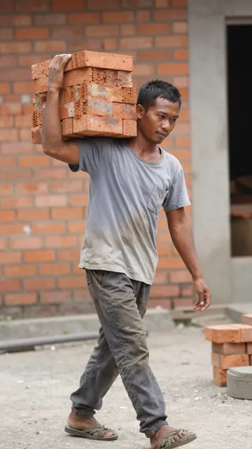Southeast Asian construction worker carries a stack of red bricks across a building site