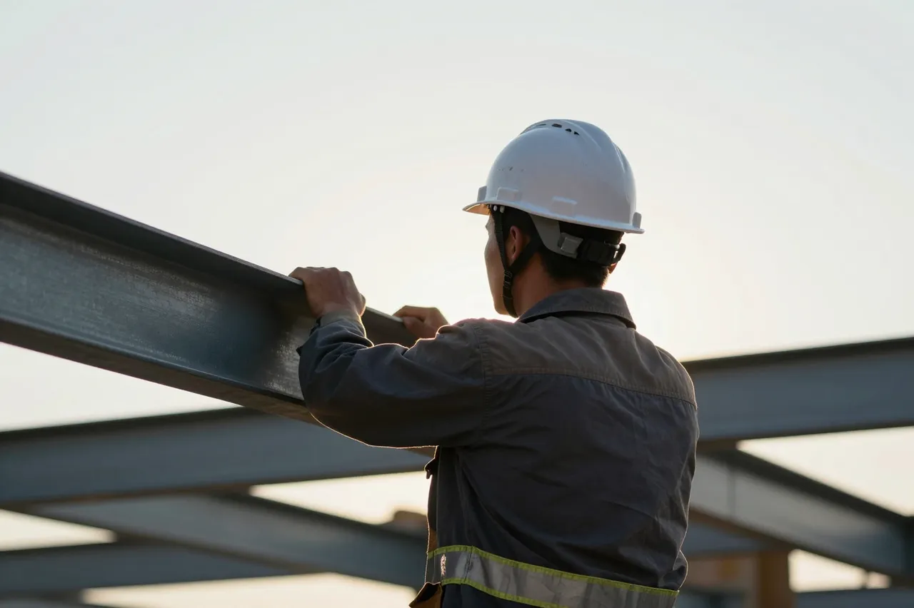 Seen from behind, a construction worker in a white hard hat holds a steel beam at sunset