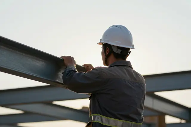 Seen from behind, a construction worker in a white hard hat holds a steel beam at sunset