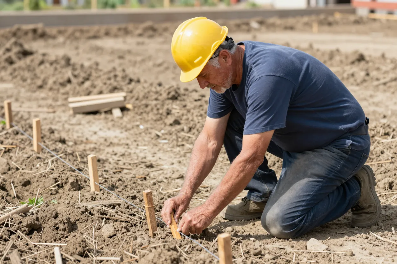 Senior construction worker in a yellow hard hat kneels on a dirt lot installing wooden layout stakes with string line