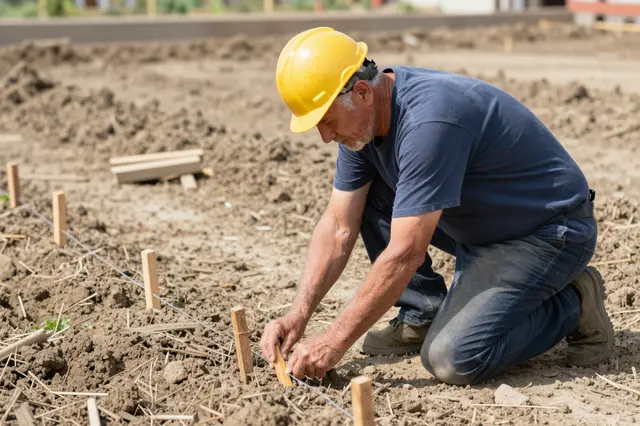 Senior construction worker in a yellow hard hat kneels on a dirt lot installing wooden layout stakes with string line