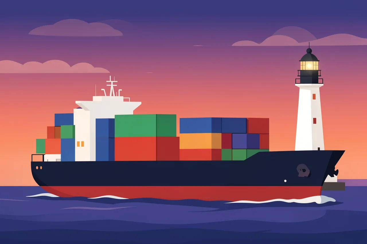 Flat vector illustration of a container ship with colorful shipping containers sailing near a lighthouse at purple and