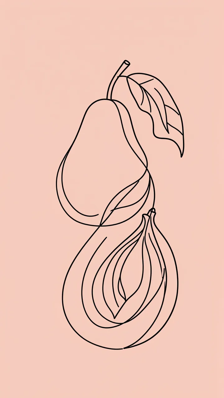 Minimal continuous black line drawing of a pear, fig, and leaf on a solid blush pink background