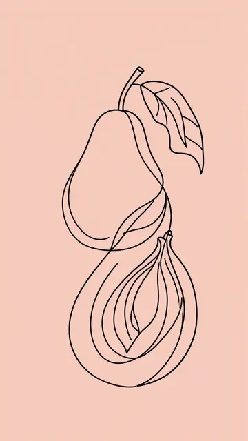 Minimal continuous black line drawing of a pear, fig, and leaf on a solid blush pink background