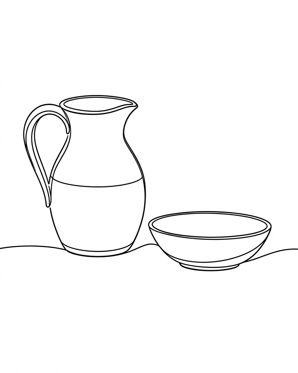 A single continuous black line drawing of a stoneware pitcher and bowl on a plain white background.