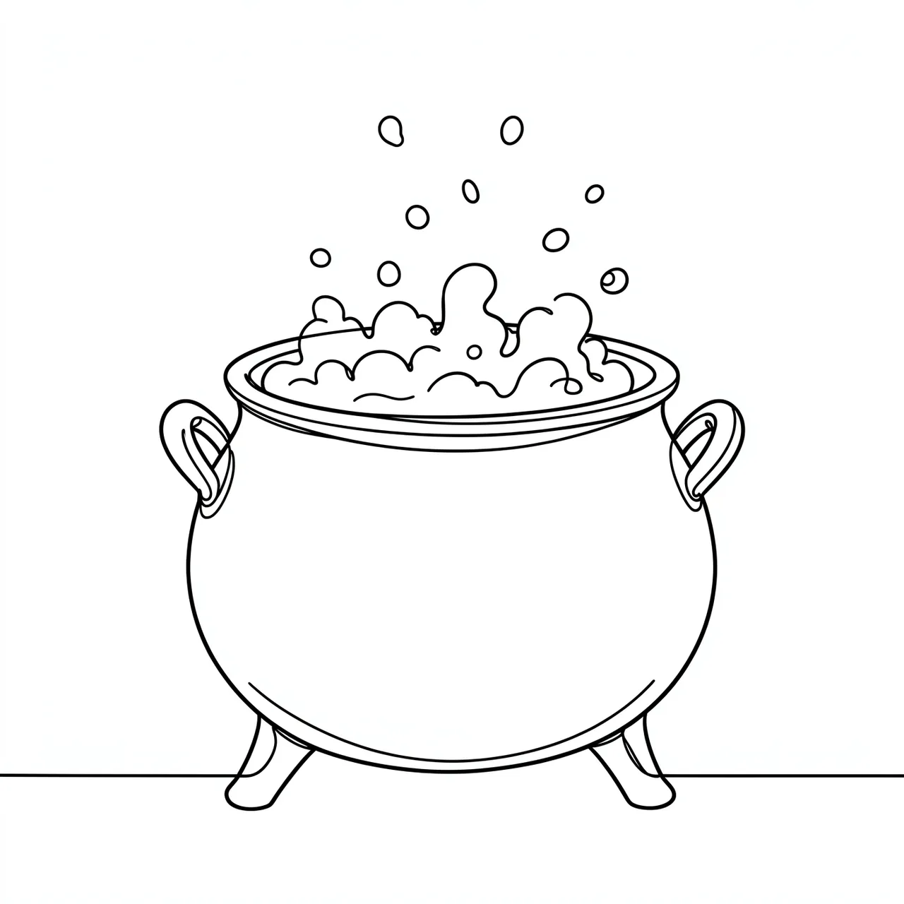 Minimalist continuous line drawing of a bubbling cauldron on a plain white background