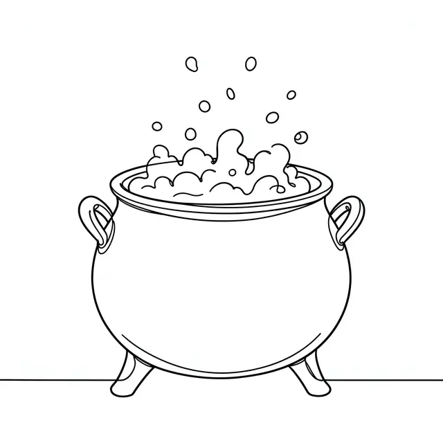 Minimalist continuous line drawing of a bubbling cauldron on a plain white background