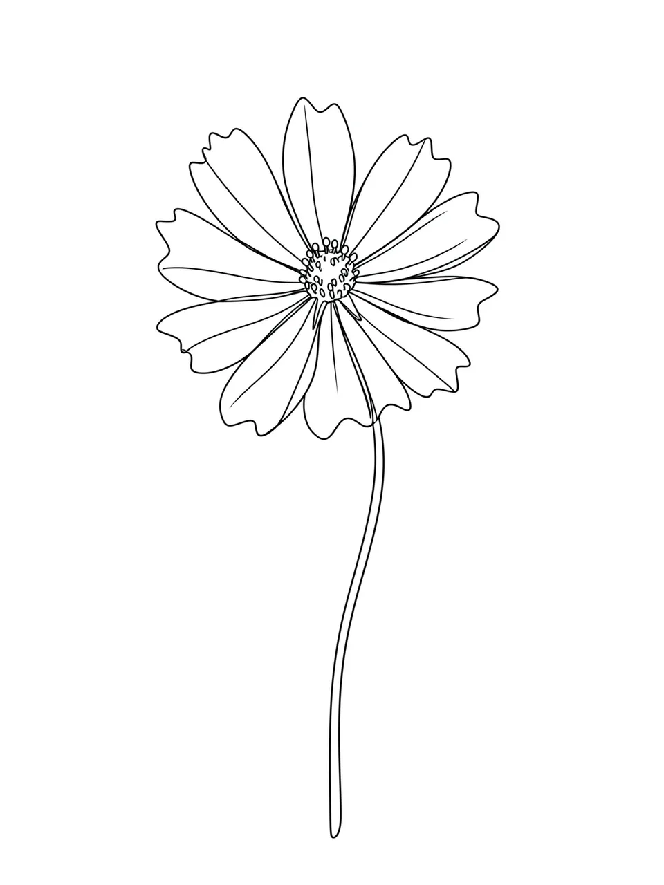 Minimal single black line drawing of a swaying cosmos flower on a thin stem against a plain white background