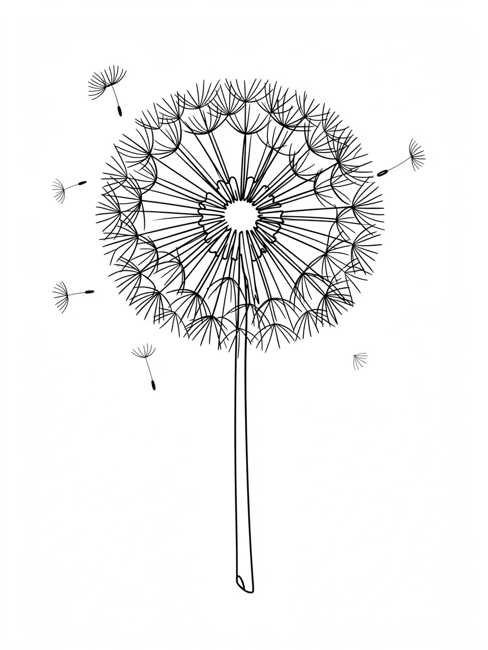 Minimalist black line drawing of a dandelion puff with floating seeds on a plain white background
