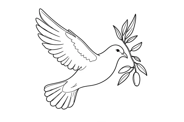 Black continuous line drawing of a flying dove holding an olive branch against a plain white background