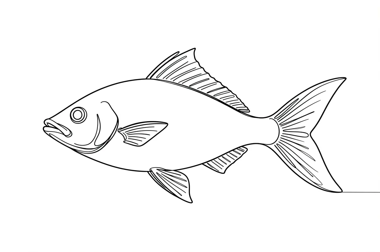 Black continuous line drawing of a fish with a curved tail on a plain white background