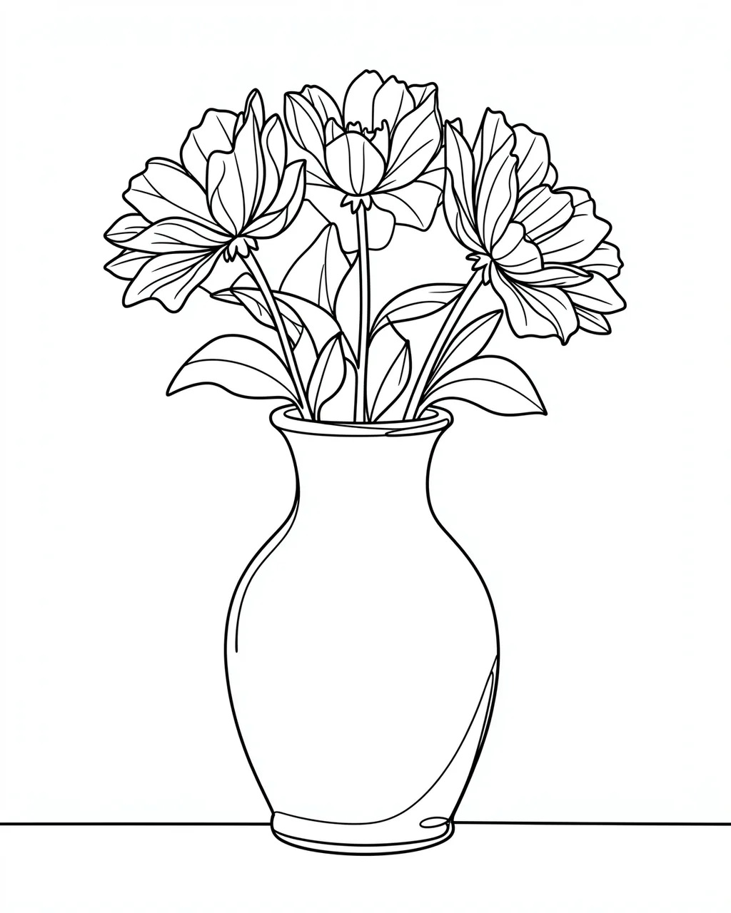 Minimal black single line drawing of a vase holding three blooming flowers against a plain white background