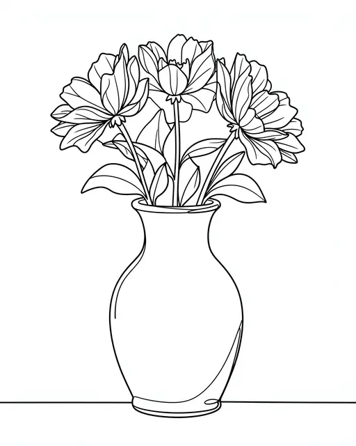 Minimal black single line drawing of a vase holding three blooming flowers against a plain white background