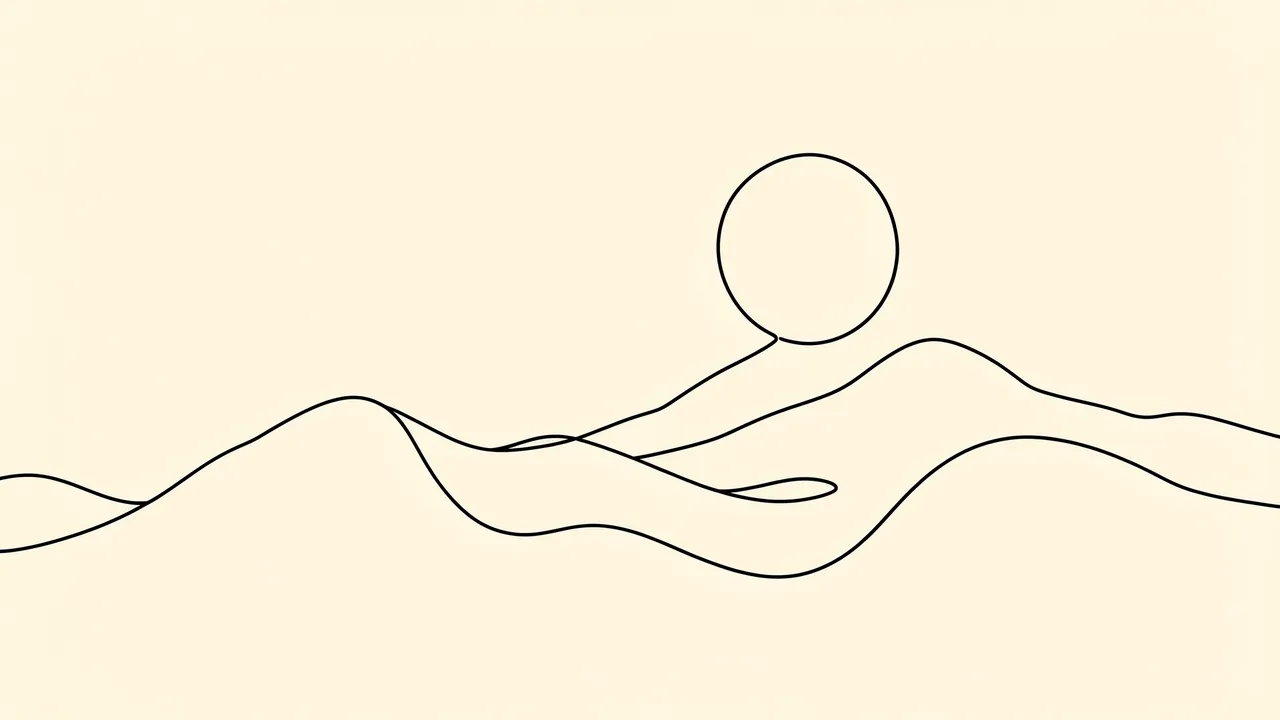 Minimal single continuous black line art of rolling hills and a sun on a soft cream background