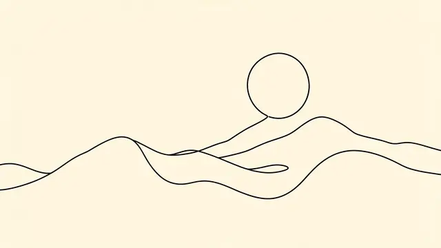 Minimal single continuous black line art of rolling hills and a sun on a soft cream background
