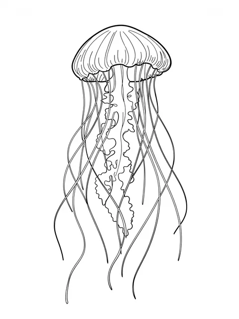 Black line art of a jellyfish with long trailing tentacles on a plain white background