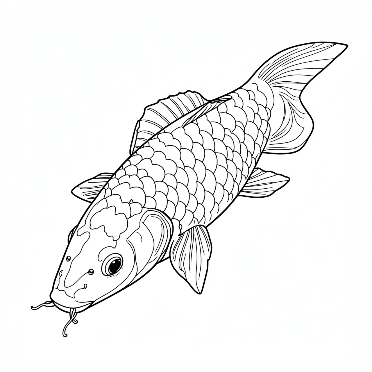 Black line art drawing of a swimming koi fish set against a plain white background