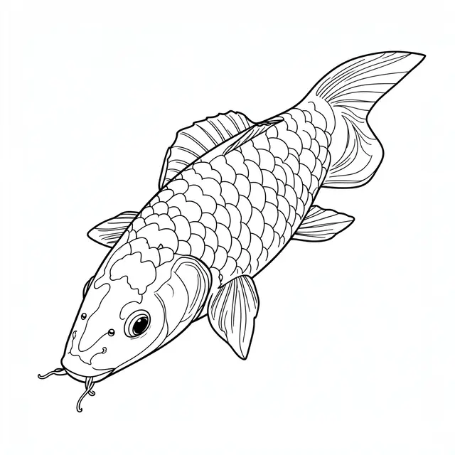 Black line art drawing of a swimming koi fish set against a plain white background