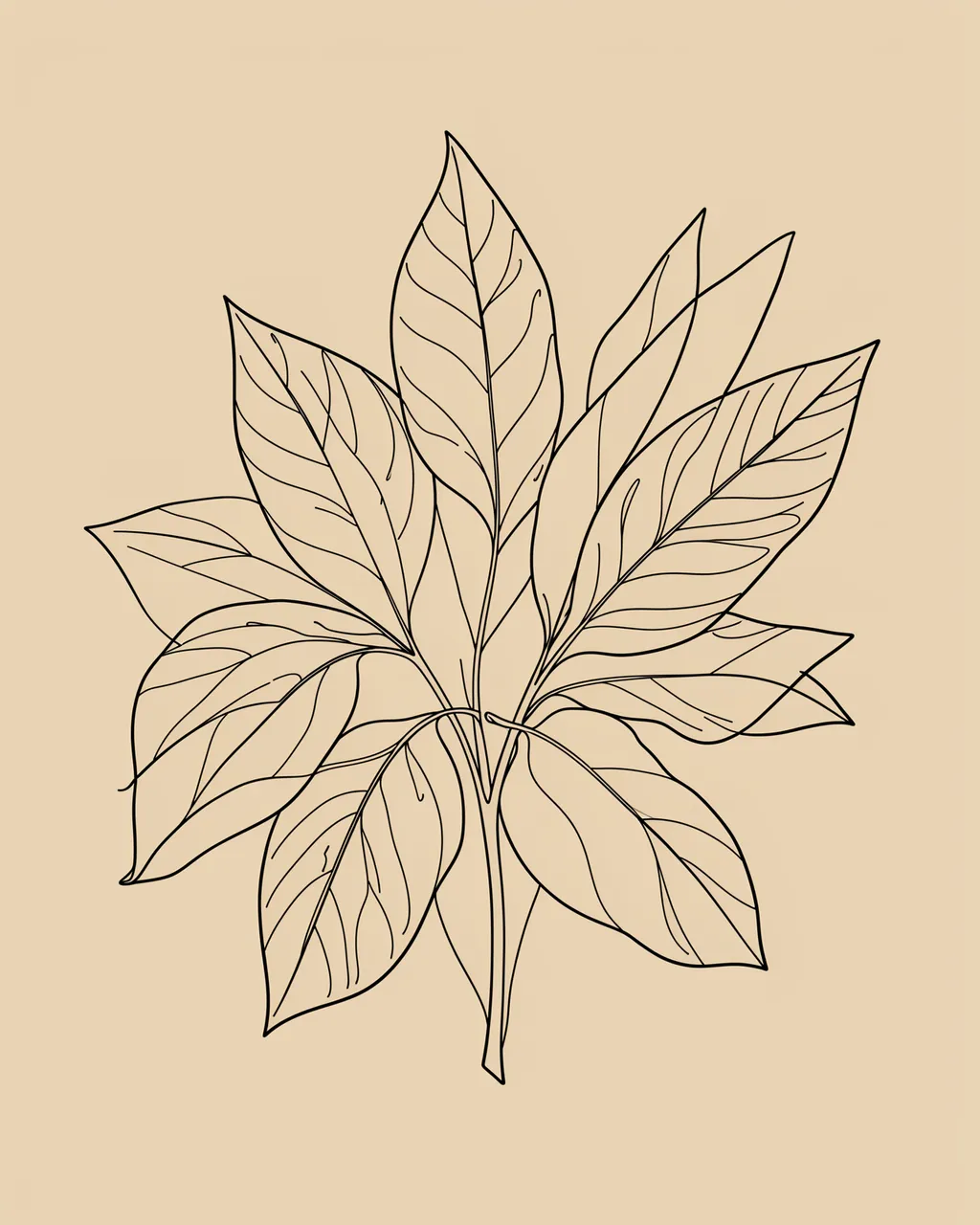 Single continuous black line drawing of clustered leaves on a solid beige background