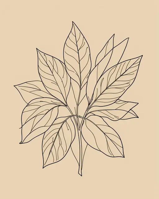 Single continuous black line drawing of clustered leaves on a solid beige background