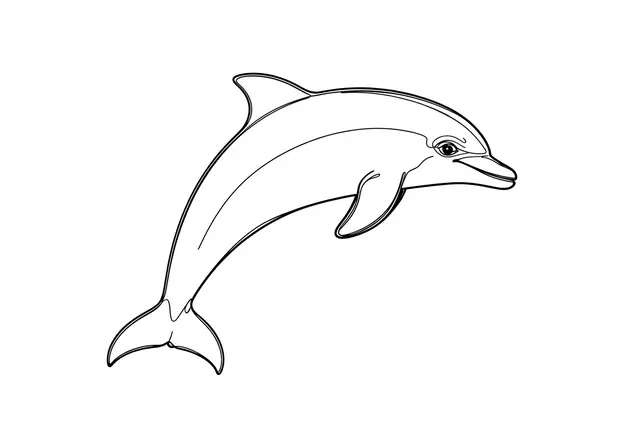 Black continuous line drawing of a leaping dolphin on a plain white background