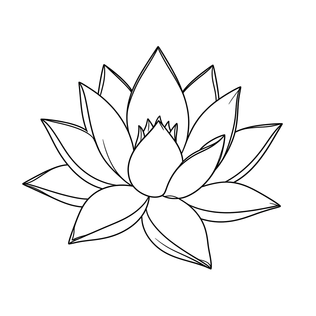 Black continuous line drawing of a pointed petal lotus flower centered on a plain white background