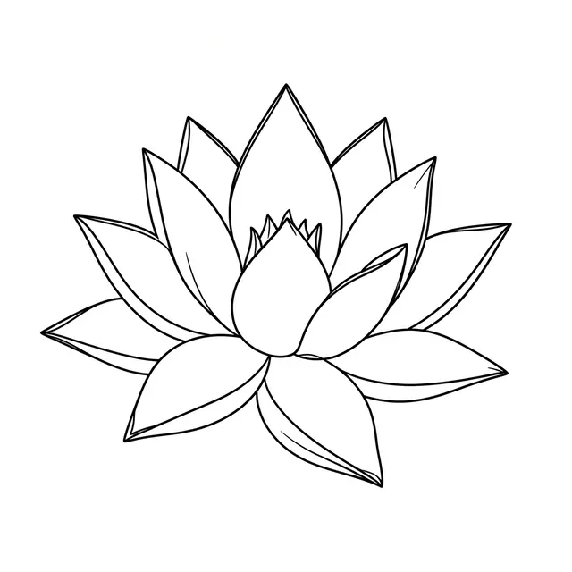 Black continuous line drawing of a pointed petal lotus flower centered on a plain white background