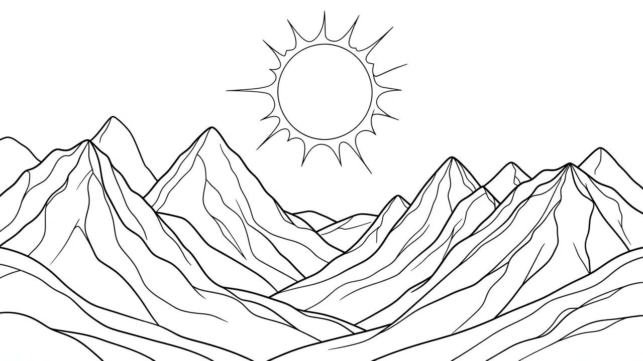 Minimalist black continuous line drawing of a mountain range with a stylized sun above peaks