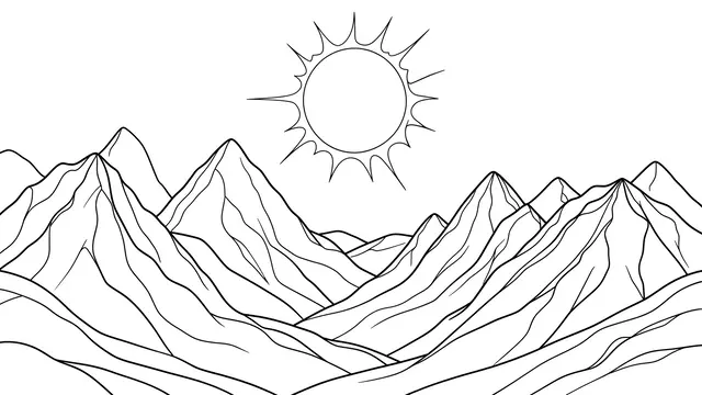 Minimalist black continuous line drawing of a mountain range with a stylized sun above peaks