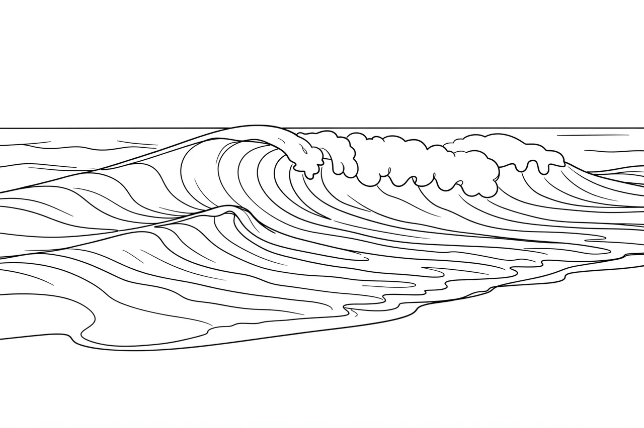 A black continuous line drawing of rolling ocean waves on a plain white background